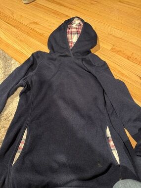 Eddie Bauer Navy Jacket with Red Plaid Trim. M